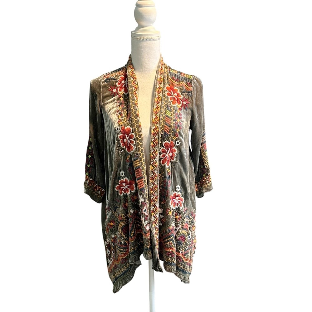 Johnny Was Waleska Heavily Embroidered Velvet Draped Jacket Cardigan XS